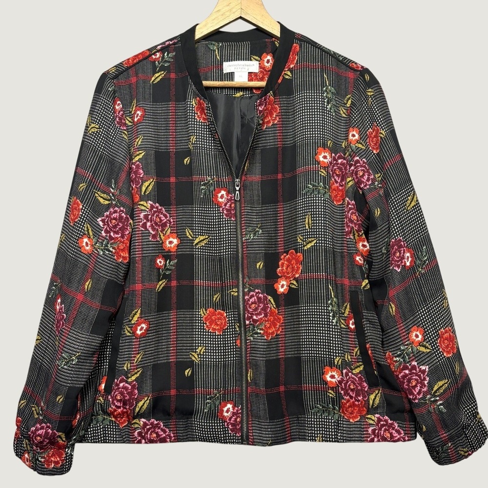 Christopher & Banks Cropped Jacket Womens PM Floral Plaid Zip Front